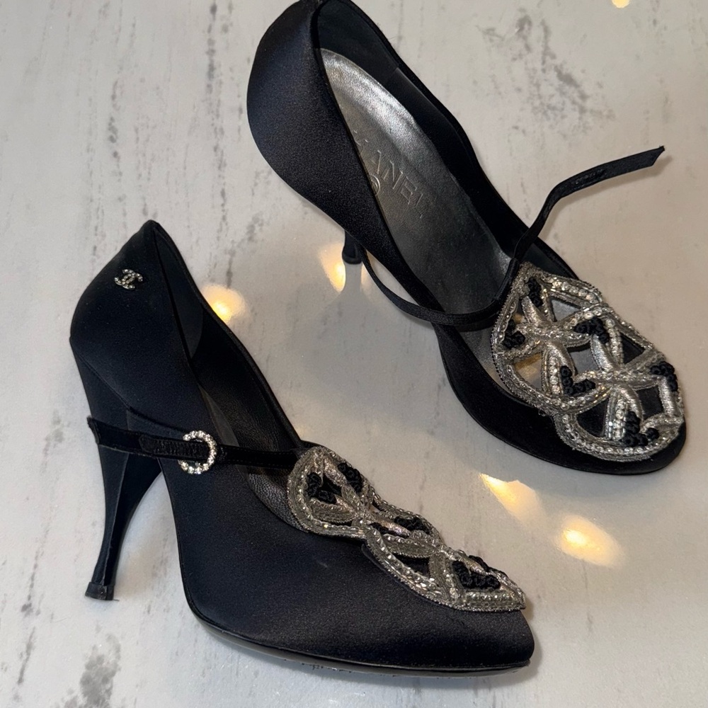 Vintage Chanel Black Satin Heels with Silver Embellishments